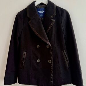 Vintage AEO Black Double Breast Wool Peacoat Anchor Buttons Small Quilt Lining